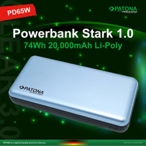 PATONA Premium Powerbank Stark 1.0 PD65W 20000mAh mit 2 integrierten Ladekabel USB-C Lightning